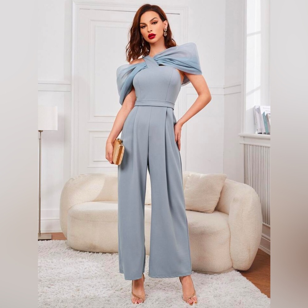 SHEIN Asymmetrical Neck Mesh Insert Fold Pleated Wide Leg Jumpsuit